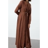 Fashion Style Regular Jacket Collar Maxi Length Hijab Linen Look Front Belt Detailed Woven Dress