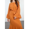 Fashion Style Relaxed Crew Neck Maxi Length Hijab Skirt Ruffle Muslin Woven Dress