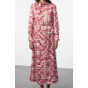 Fashion Style Relaxed Judge Collar Maxi Length Hijab Floral Patterned Woven Dress
