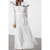 Fashion Style Regular Baby Collar Maxi Length Hijab Collar Piping Detailed Belted Woven Dress