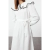 Fashion Style Regular Baby Collar Maxi Length Hijab Collar Piping Detailed Belted Woven Dress