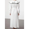 Fashion Style Regular Baby Collar Maxi Length Hijab Collar Piping Detailed Belted Woven Dress