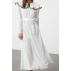 Fashion Style Regular Baby Collar Maxi Length Hijab Collar Piping Detailed Belted Woven Dress