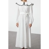 Fashion Style Regular Baby Collar Maxi Length Hijab Collar Piping Detailed Belted Woven Dress