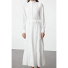 Fashion Style Regular Shirt Collar Maxi Length Hijab Linen Look Skirt Frilled Belted Woven Dress