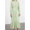 Fashion Style Regular Shirt Collar Maxi Length Hijab Linen Look Skirt Frilled Belted Woven Dress