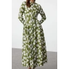 Fashion Style Regular Shirt Collar Midi Length Hijab Floral Patterned Belted Woven Dress