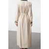Moda Regular Shirt Collar Maxi Length Hijab Black Piping and Rose Detailed Belted Woven Shirt Dress
