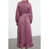 Fashion Style Regular Stand Collar Maxi Length Hijab Satin Belt Detailed Woven Dress