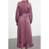 Fashion Style Regular Stand Collar Maxi Length Hijab Satin Belt Detailed Woven Dress