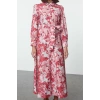 Fashion Style Regular Shirt Collar Maxi Length Hijab Belted Floral Woven Dress
