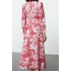 Fashion Style Regular Shirt Collar Maxi Length Hijab Belted Floral Woven Dress