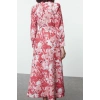 Fashion Style Regular Shirt Collar Maxi Length Hijab Belted Floral Woven Dress
