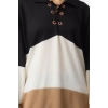 Style Modern Womens Low Sleeve V Neck Hijab Eyelet Detail Color Block Striped Knitwear Sweater