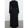 Moda Stil Relaxed Bisiklet Yaka Maxi Boy Tesettür Kemerli Eteği Piliseli Uzun Triko Elbise