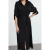 Fashion Style Relaxed Shirt Collar Midi Length Belted Woven Shirt Dress