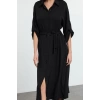 Fashion Style Relaxed Shirt Collar Midi Length Belted Woven Shirt Dress