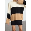 Style Modern Women Long Low Sleeve Crew Neck Color Block Knit Sweater