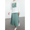 Style Women Modern Fashion Normal Waist Straight Leg Crew Neck Blouse Skirt Pleated Knitted Bottom Top Set