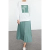 Style Women Modern Fashion Normal Waist Straight Leg Crew Neck Blouse Skirt Pleated Knitted Bottom Top Set