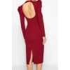 Moda Stil Fitted Dik Yaka Midi Boy Vücuda Oturan Dokuma Şık Abiye Elbise