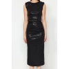 Moda Stil Fitted Bisiklet Yaka Midi Boy Vücuda Oturan Parıltılı Abiye Elbise