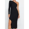 Moda Stil Fitted Asimetrik Yaka Midi Boy Vücuda Oturan Örme Şık Abiye Elbise