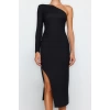 Moda Stil Fitted Asimetrik Yaka Midi Boy Vücuda Oturan Örme Şık Abiye Elbise