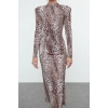 Fashion Style Fitted Stand Collar Midi Length Limited Edition Leopard Patterned Chic Evening Dress