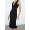 Moda Stil Fitted V Yaka Midi Boy Vücuda Oturan Derin V Dekolteli Şık Abiye Elbise