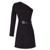 Fashion Style Fitted Asymmetrical Collar Mini Length Single Sleeve Belt Accessory Detailed Woven Short Elegant Evening Dress