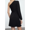 Fashion Style Fitted Asymmetrical Collar Mini Length Single Sleeve Belt Accessory Detailed Woven Short Elegant Evening Dress