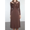 Fashion Style Fitted Asymmetrical Collar Midi Length Accessory Detailed Knitted Stylish Evening Dress