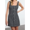 Fashion Style Fitted Square Collar Mini Length Stone Accessory Glittery Tweed Woven Short Dress