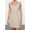 Fashion Style Fitted Square Collar Mini Length Stone Accessory Glittery Tweed Woven Short Dress