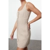 Fashion Style Fitted Square Collar Mini Length Stone Accessory Glittery Tweed Woven Short Dress