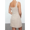 Fashion Style Fitted Square Collar Mini Length Stone Accessory Glittery Tweed Woven Short Dress