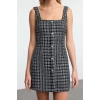 Fashion Style Fitted Square Collar Mini Length Stone Accessory Glittery Tweed Woven Short Dress
