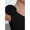 Moda Stil Fitted Asimetrik Yaka Midi Boy Gül Detaylı Tek Kol Dokuma Elbise