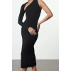 Fashion Style Fitted Asymmetrical Collar Midi Length Body-Fitting Single Sleeve Detailed Knitted Dress