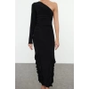 Fashion Style Fitted Asymmetrical Collar Midi Length Ruffle Detailed Single Sleeve Knitted Dress
