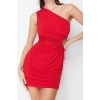 Moda Fitted Asymmetrical Neck Mini Length Bodycon Window Cut Out Detail Knitted Short Elegant Evening Dress