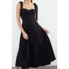 Moda Stil Relaxed Kalp Yaka Midi Boy A-Kesim Askı Bağlama Detaylı Dokuma Elbise