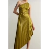 Fashion Style Fitted Asymmetrical Collar Midi Length Asymmetrical Pleated Detailed Knitted Satin Evening Dress