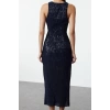 Fashion Style Fitted Halter Neck Midi Length Bodycon Knitted Glitter Sequin Elegant Evening Dress