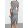 Fashion Style Fitted Boat Neck Midi Length Bodycon Glittery Knitted Sequin Chic Evening Dress