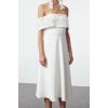 Fashion Style Fitted Carmen Collar Midi Length 3D Flower Detailed Stylish Evening Dress