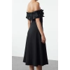 Fashion Style Fitted Carmen Collar Midi Length 3D Flower Detailed Stylish Evening Dress