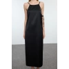 Moda Relaxed Halter Yaka Midi Boy Pencere Cut Out Detaylı Fiyonklu Saten Dokuma Şık Abiye Elbise