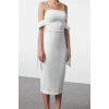 Fashion Style Fitted Square Neck Midi Length Sleeve Detail Satin Woven Dress